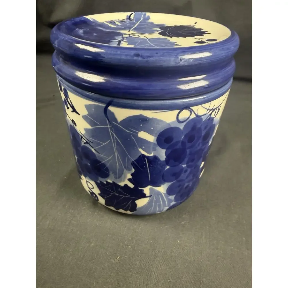 Vintage Hand Painted Ceramic Blue & White Grapes Leaves Canister Jar Designpac